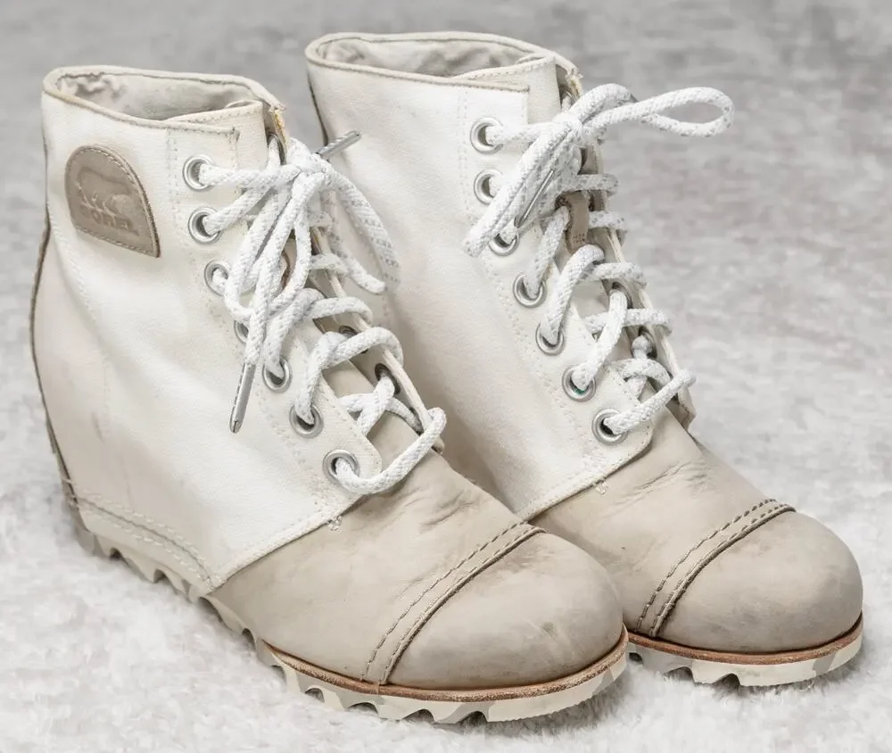 Sorel Joan of Arc Wedge Ivory Canvas Tan Leather Ankle Boots Womens Size 7.5